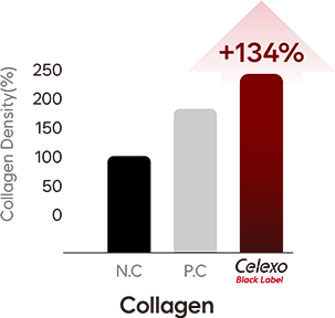 Comparative graph showing a 134% increase in collagen after application of Celexo Black Label